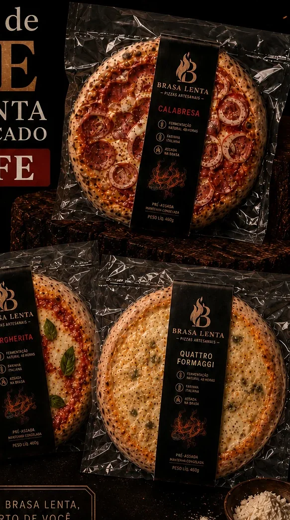 Pizzas Brasa Lenta embaladas para finalizar em casa